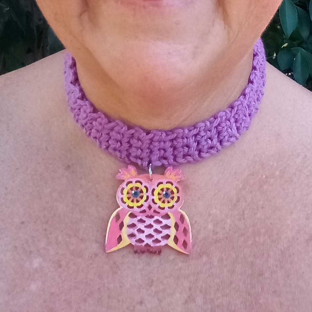 Handcrafted Necklace Purple Crochet Choker Hand Painted Owl Pendant Multicolored